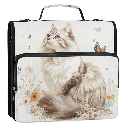 Dokumententasche mit niedlichem Cartoon-Motiv, weiße Katze, Blumen, Schmetterling, 3,8 cm, Reißverschluss, mit Griff und abnehmbarem Schultergurt, wasserdicht, Dokumenten-Organizer, Tasche für Dokumententasche mit niedlichem Cartoon-Motiv, weiße Katze, Blumen, Schmetterling, 3,8 cm, Reißverschluss, mit Griff und abnehmbarem Schultergurt, wasserdicht, Dokumenten-Organizer, Tasche für von Amooorous
