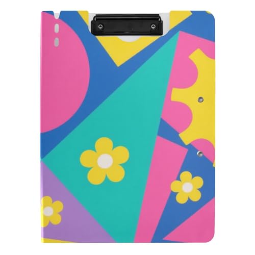 Faltbares Klemmbrett, bunte geometrische Formen, gelbe Blumen, A4, Klemmbrett, Padfolio für Büro von Amooorous