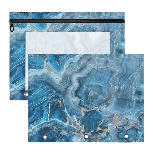 Federmäppchen, 3 Löcher, 3 Löcher, Tasche für A4-Papier, Briefe, 2 Stück, Lehrer, Schulanfang, Marmor, Steinblau, 2 Stück von Amooorous