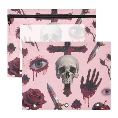 Federmäppchen, 3 Löcher, 3 Ringe, Tasche für 3 Ringe, Ordner, 2 Stück, Lehrer, Kunstbedarf, Aufbewahrung, Gothic, Rote Rose, Totenkopf Federmäppchen, 3 Löcher, 3 Ringe, Tasche für 3 Ringe, Ordner, 2 Stück, Lehrer, Kunstbedarf, Aufbewahrung, Gothic, Rote Rose, Totenkopf von Amooorous