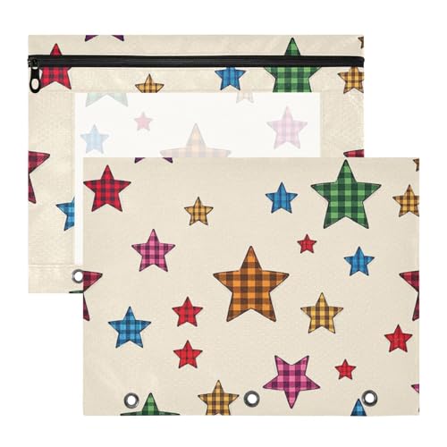 Federmäppchen, 3 Löcher, 3 Ringe, Tasche für A4-Papier, Briefe, 2 Stück, Lehrer, Zuhause, Cartoon, kariert, Sterne, bunt von Amooorous