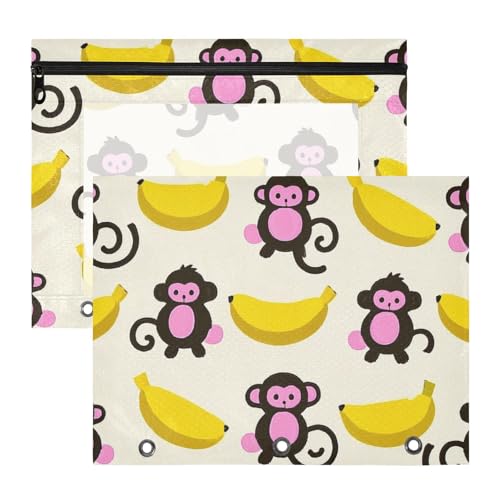 Federmäppchen, Mehrzweck-Kunststoff-Aktenordner für 3 Ringe, 2 Stück, Schülerklasse, Beige, Cartoon-Affe, Bananen-Silhouetten von Amooorous
