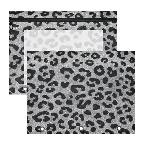 Federmäppchen, stabile Tasche mit 3 Löchern, für 3 Ringe, 2 Stück, Lehrer, Schulbedarf, künstlicher Glitzer, Leopardenmuster, Grau von Amooorous