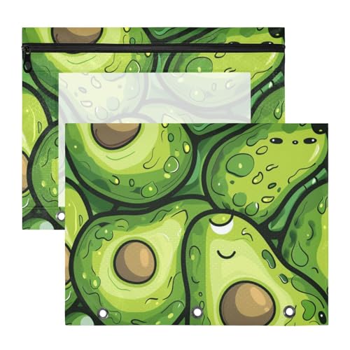 Federmäppchen, stabile Tasche mit 3 Löchern, für 3 Ringe, 2 Stück, Studenten, Kunstbedarf, Aufbewahrung, grüne Avocados, Cartoons von Amooorous