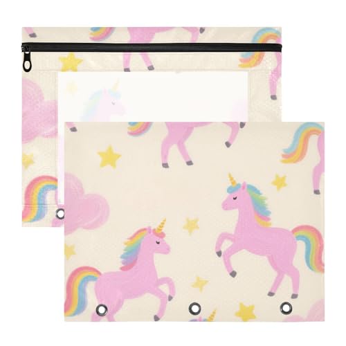 Federmäppchen, stabile Tasche mit 3 Löchern, für A4-Papier, Briefe, 2 Stück, Lehrer, Kunstbedarf, Aufbewahrung, niedliches Cartoon, rosa Regenbogen-Einhörner von Amooorous