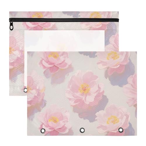 Federmäppchen, tragbar, 3 Locher für 3 Ringe, 2 Stück, für Schüler, Schule, Studenten, Lehrerbedarf, rosa Blumen von Amooorous