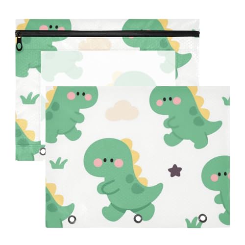 Federmäppchen, tragbar, 3 Löcher, für A4-Papier, Briefe, 2 Stück, für Lehrer, Schule, Studenten, Lehrerbedarf, niedlicher Cartoon, grüner Dinosaurier von Amooorous