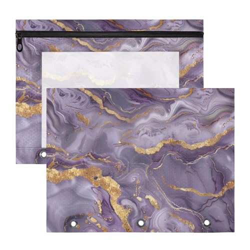 Federmäppchen, transparent, 3 Löcher, für 3 Ringe, 2 Stück, für Lehrer, Schulanfang, Lavendel, Gold, Grau, Marmorkunst von Amooorous