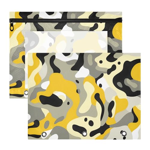 Federmäppchen, transparent, 3 Löcher, für A4-Papier, Briefe, 2 Stück, Studenten, Kunstbedarf, Aufbewahrung, Camouflage, Gelb von Amooorous