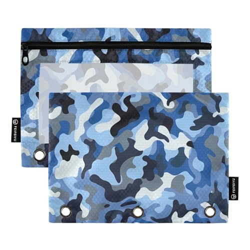 Federmäppchen mit 3 Löchern für Ordner mit transparentem Fenster, Camouflage, Blau, mit Reißverschluss, verstärkte Ösen, 3-fach gelochte Ordner für Bürobedarf, mehrfarbig, 2 Stück von Amooorous
