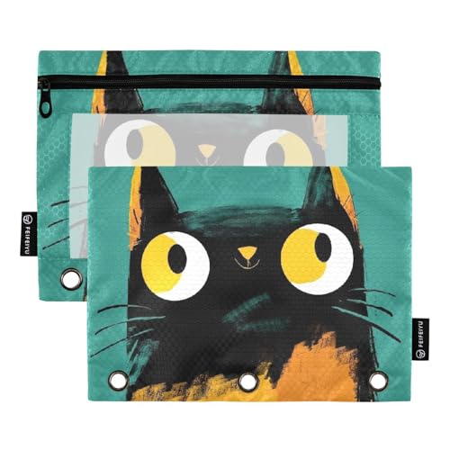 Federmäppchen mit 3 Löchern für Ordner mit transparentem Fenster, Cartoon, niedliche schwarze Katze, weiches Federmäppchen, groß und stabil, 3-fach gelocht, Ordner für Bürobedarf, mehrfarbig, 2 Stück von Amooorous