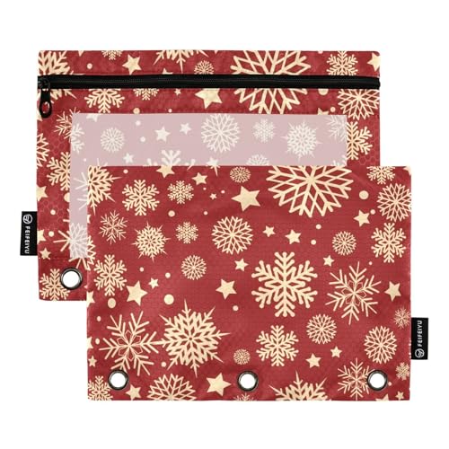 Federmäppchen mit 3 Löchern und transparentem Fenster, goldene Weihnachts-Schneeflocken-Bleistifttasche, große Kapazität, 3 Ringe, Ordner, Ordner für Klassenzimmer, Schule, Bürobedarf, mehrfarbig, 2 von Amooorous