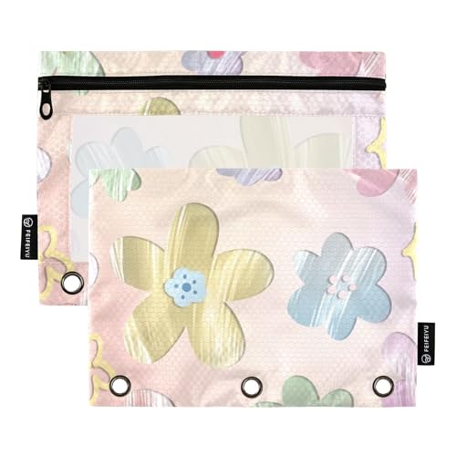Federmäppchen mit 3 Ringen für Ordner mit transparentem Fenster, bunt, niedliches Blumen-Federmäppchen, Organizer mit Reißverschluss, verstärkte Ösen, 3-fach gelochte Ordner zur Aufbewahrung von von Amooorous