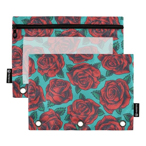 Federmäppchen mit 3 Ringen für Ordner mit transparentem Fenster, rote Rose, großes Federmäppchen mit Reißverschluss, in verschiedenen Farben, Taschen, 3-fach gelocht, für Bürobedarf, mehrfarbig, 2 von Amooorous