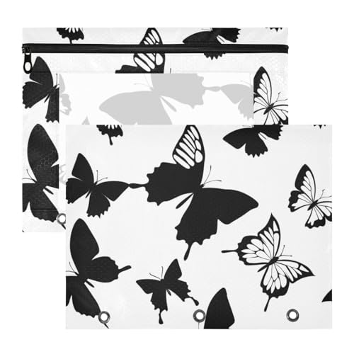 Federmäppchen mit Reißverschluss, 3 Löcher, für A4-Papier, Briefe, 2 Stück, Studenten, Zuhause, schwarzer Schmetterling von Amooorous