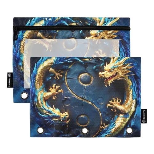 Federmäppchen mit Reißverschluss für 3-Ringe, mit transparentem Fenster, Blau und Gold, Drachen, Taiji, Reißverschluss, Federmäppchen in verschiedenen Farben, 3-Loch-Binder für Schule, Büro und Federmäppchen mit Reißverschluss für 3-Ringe, mit transparentem Fenster, Blau und Gold, Drachen, Taiji, Reißverschluss, Federmäppchen in verschiedenen Farben, 3-Loch-Binder für Schule, Büro und von Amooorous