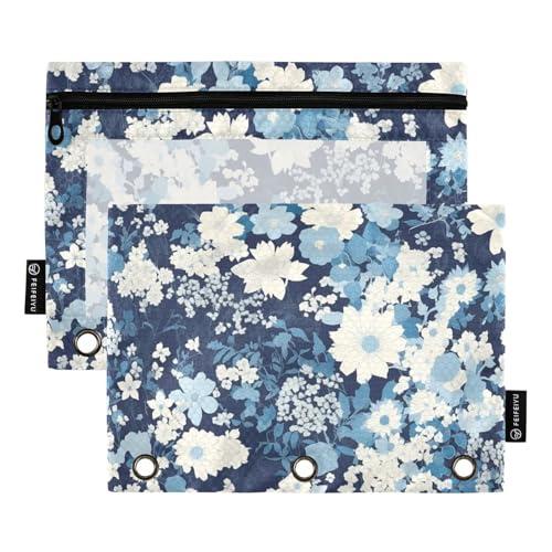 Federmäppchen mit Reißverschluss und transparentem Fenster, blaue Blumen und Weiß, Ordner, Federmäppchen, transparentes Fenster und Ösen, 3-Loch-Binder zur Aufbewahrung von Schul- und Bürobedarf Federmäppchen mit Reißverschluss und transparentem Fenster, blaue Blumen und Weiß, Ordner, Federmäppchen, transparentes Fenster und Ösen, 3-Loch-Binder zur Aufbewahrung von Schul- und Bürobedarf von Amooorous