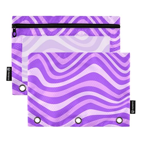 Federmäppchen mit Reißverschluss und transparentem Fenster, violett, unregelmäßiges Design, Linien, in verschiedenen Farben, Ordner, 3 Ringe, für Klassenzimmer, Schule, Bürobedarf, mehrfarbig, 2 Stück von Amooorous