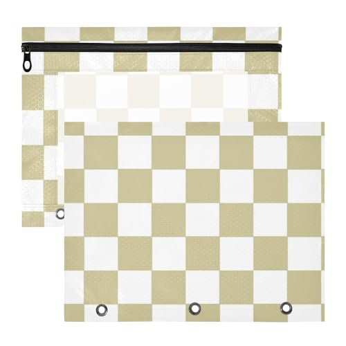 Federmäppchen mit glatten Reißverschlüssen, 3-Loch-Tasche für A4-Papier, Briefe, 2 Stück, Lehrer, Büro, Gelb und Weiß, amerikanisches Karomuster von Amooorous