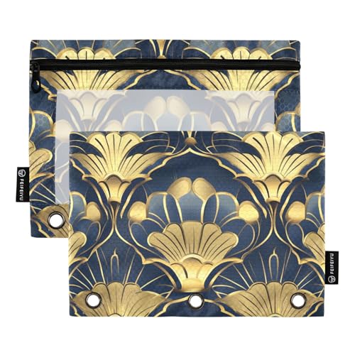 Federmäppchen mit transparentem Fenster, Blau und Gold, Vintage-Blumen, großes und stabiles Drei-Ringbuch zur Aufbewahrung von Schul- und Bürobedarf, mehrfarbig, 2 Stück Federmäppchen mit transparentem Fenster, Blau und Gold, Vintage-Blumen, großes und stabiles Drei-Ringbuch zur Aufbewahrung von Schul- und Bürobedarf, mehrfarbig, 2 Stück von Amooorous