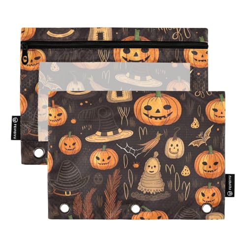 Federmäppchen mit transparentem Fenster, Halloween, böser Kürbis, Ringordner mit Taschen mit Reißverschluss, verstärkte Ösen, 3-Loch-Ordner für Schule, Büro und Zuhause, mehrfarbig, 2 Stück Federmäppchen mit transparentem Fenster, Halloween, böser Kürbis, Ringordner mit Taschen mit Reißverschluss, verstärkte Ösen, 3-Loch-Ordner für Schule, Büro und Zuhause, mehrfarbig, 2 Stück von Amooorous