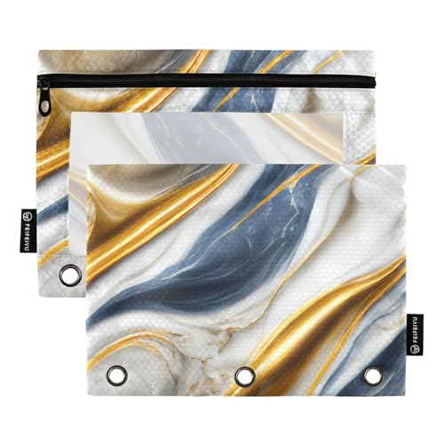 Federmäppchen mit transparentem Fenster, Weißgold, kunstvolle Marmor-Textur, Federmäppchen mit Reißverschluss, große Kapazität, Ordner, 3 Ringe zur Aufbewahrung von Schul- und Bürobedarf, mehrfarbig von Amooorous