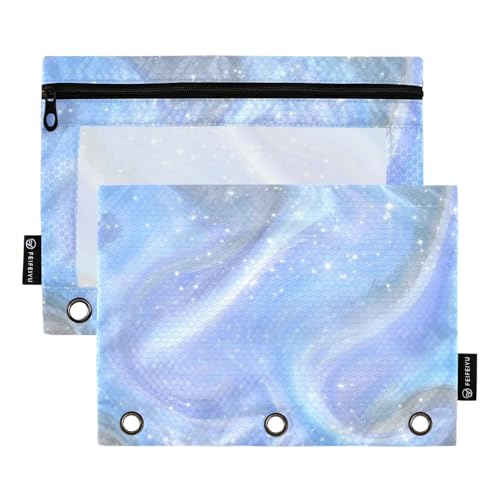 Federmäppchen mit transparentem Fenster, blauer Farbverlauf, Wasserwellen, Ringordner mit Taschen mit Reißverschluss, verstärkte Ösen, 3 Ringe, Federmäppchen für Büro, Schulbedarf, Kosmetik von Amooorous
