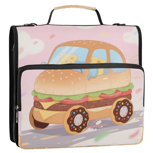 Funny Food Car Cartoon 3,8 cm 3-Ringe Stabiler Reißverschluss Ordner mit Griff Laege Kapazität Dokumente Dateien Aufbewahrungstasche für Büro Schule Organizadores de suministros escolares von Amooorous