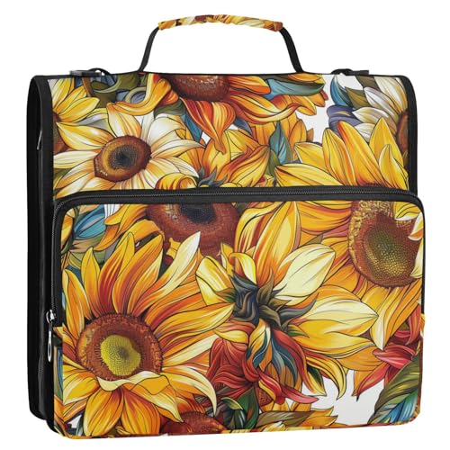 Gelbe Ölgemälde-Gefühl Sonnenblume 3,8 cm 3 Ringe Organizer Ordner mit Schultergurt und Griff, leicht zu tragen, tragbare Homravel sichere Aufbewahrungstasche für Schule, Gestor de Carpetas de Office von Amooorous