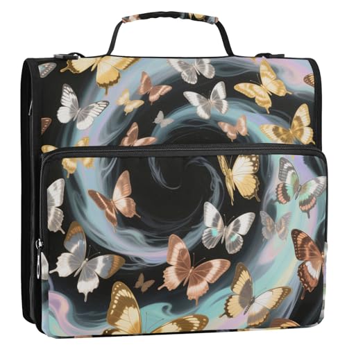 Golden Butterfly Ringbuch mit 3 Ringen, Reißverschluss, mit Griff und abnehmbarem Schultergurt, mehrere Taschen, Dokumenten-Organizer, Tasche für Schule, Cremallera de Carpeta, 3,8 cm von Amooorous