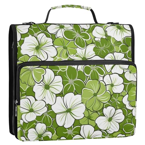 Green and Flowers Ordner-Organizer mit 3 Ringen, 3,8 cm, mit Griff und abnehmbarem Schultergurt, für Dokumente, Akten, Aufbewahrungstasche für Schule/Büro, Carpeta de Cremallera von Amooorous