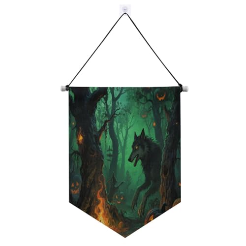 Halloween-Banner mit schwarzem Wolfskürbis-Motiv, zum Aufhängen, mit Teleskopstange, Flaggen, Banner, Terrasse, Dekoration für Büro, Schule, Klassenzimmer, Schlafsaal, Zuhause, Banderinen für Fiestas von Amooorous