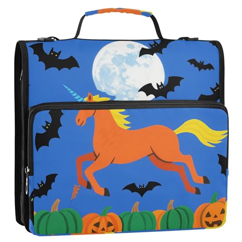 Halloween Einhörner Kürbis Fledermäuse 3,8 cm 3-Ringe Ordner Organizer mit Griff Mehrere Taschen Dokumentenbinder Organizer für Mittelschule Carpeta del organizador von Amooorous