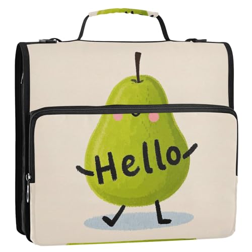 Hello Cartoon Cute Green Pear 3,8 cm 3 Ringe Stabiler Reißverschluss Ordner mit Griff Wasserdicht Dokumente Dateien Aufbewahrungstasche für Schule und Büro Carpeta con cremallera von Amooorous