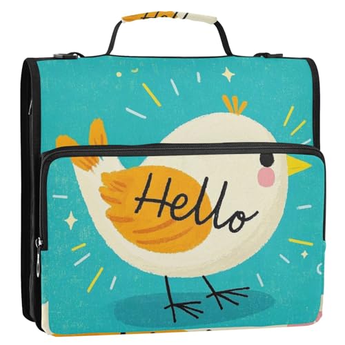 Hello Cartoon Cute White Bird 3 Rings 3.8 cm Binder Organizer with Handle Multiple Pockets Documents Files Storage Bag for School and Office Carpeta con bolsillo Extra von Amooorous