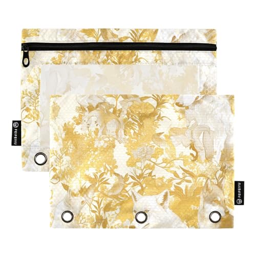 Kinder-Federmäppchen mit transparentem Fenster, Weiß und Gold, coole Wolf-Farbe, Federmäppchen mit Reißverschluss, verstärkte Ösen, 3-Loch-Binder für Schule, Büro und Zuhause, mehrfarbig, 2 Stück von Amooorous