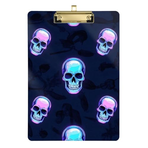Klemmbrett mit neonfarbenem fluoreszierendem Totenkopf, A4, 1 Klemmbrett, Acryl, niedlich für 5. Klasse, Essentials für Lehrer, Tabla para escribir con Clip, Größe 22,9 x 30,5 cm von Amooorous
