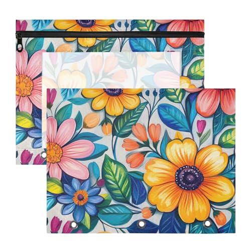 Kosmetiktasche, 3 Löcher, 3 Löcher, Tasche für A4-Papier, Briefe, 2 Stück, Lehrer, Schulanfang, Vivi, Blumen und Blätter, bunt von Amooorous