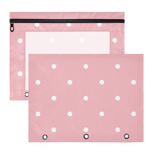 Kosmetiktasche, stabil, 3 Locher für 3 Ringe, Ordner, 2 Stück, Schüler, Schulbedarf, Cartoon, Punkte, Rosa von Amooorous