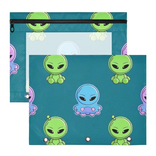 Kosmetiktasche, stabile Taschenordner für A4-Papier, Briefe, 2 Stück, Lehrerklasse, Cartoon, niedliche grüne Aliens von Amooorous