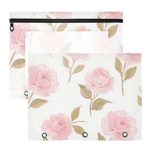 Kosmetiktasche, transparent, 3 Löcher, Tasche für 3 Ringe, Ordner, Lehrer, Schulbedarf, rosa Spitze, Rosenblüten, 2 Stück Kosmetiktasche, transparent, 3 Löcher, Tasche für 3 Ringe, Ordner, Lehrer, Schulbedarf, rosa Spitze, Rosenblüten, 2 Stück von Amooorous