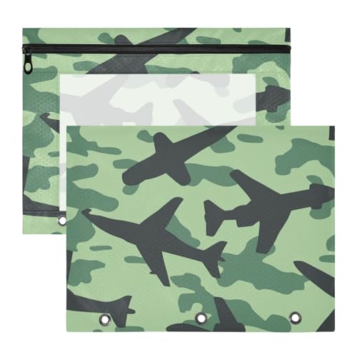 Kosmetiktasche mit Reißverschluss, Kunststoff-Aktenordner für A4-Papier, Briefe, 2 Stück, für Studenten, Lehrerbedarf, grüne Flugzeuge, Tarnmuster von Amooorous