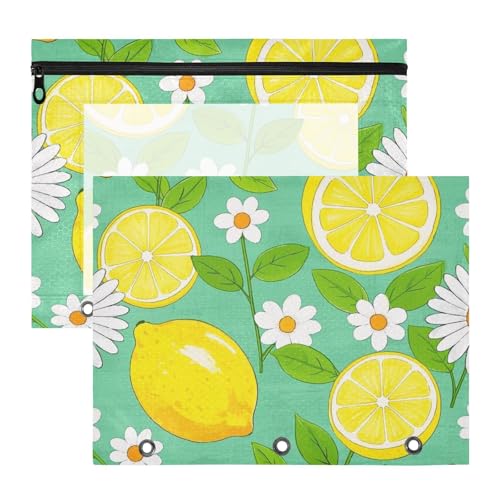 Kosmetiktasche mit Sichtfenster, 3 Löchern, für A4-Papier, Briefe, 2 Stück, für Schüler, Schule, Studenten, Lehrer, Sommer, Zitrone, Gänseblümchen von Amooorous
