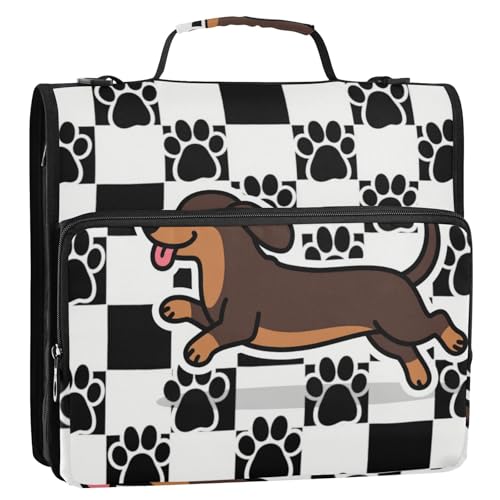 Lustiger Dackel-Hund schwarz weiß kariert 3 Ringe Reißverschluss Binder Tasche mit Griff und abnehmbarem Schultergurt inklusive Reißverschlusstasche Schulordner Organizer für Schule/Büro Cremallera de von Amooorous