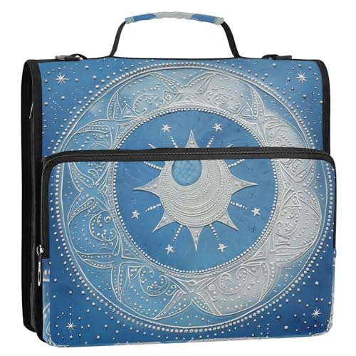 Mandala-Mond- und Sternformen-Ordner mit 3 Ringen, 3,8 cm, mit Reißverschluss, mit Schultergurt, mehrere Taschen, Reißverschluss-Portfolio für Mittelschule, Cartera con cremallera von Amooorous