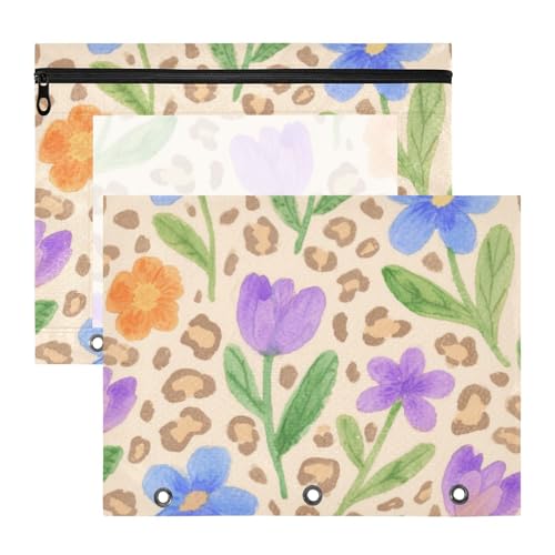 Mehrzweck-Kunststoff-Aktenordner für 3 Ringe, 2 Stück, Studenten, Kunstbedarf, Aufbewahrung, brauner Leopardenmuster, Blumen von Amooorous