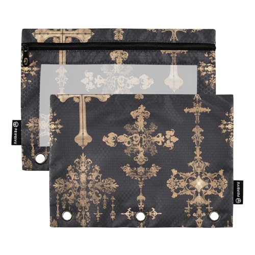 Mit Reißverschluss mit klarem Fenster schwarz und gold europäischen Stil Vintage Kreuzringe Ordner mit Taschen große Kapazität Taschenmappen für 3 für die Lagerung Schule Bürobedarf mehrfarbig 2 von Amooorous