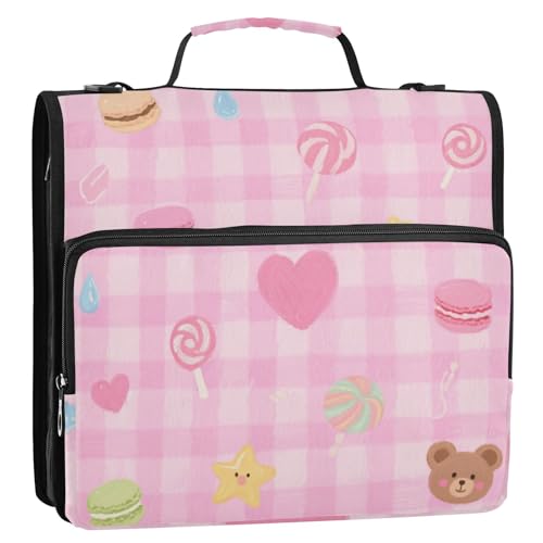 Niedliche rosa süße Charakterlinien, 3,8 cm, 3 Ringe, Reißverschluss, Ordner mit Griff, mehrere Taschen, tragbar, für Zuhause, Reisen, sichere Aufbewahrungstasche für Schule und Büro, Clip de von Amooorous