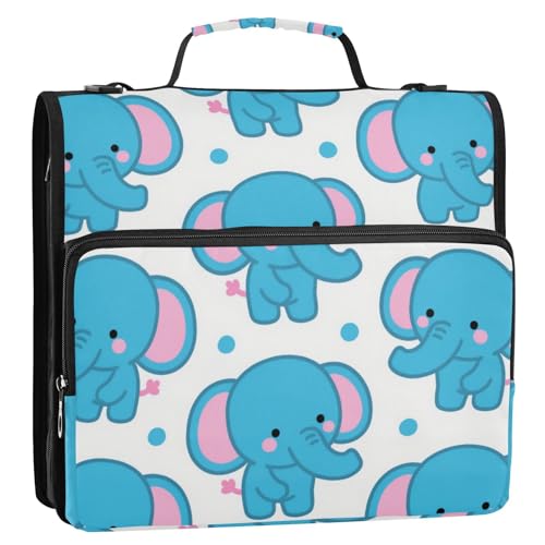 Niedlicher Cartoon-Elefant, 3,8 cm, 3 Ringe, Schul-Reißverschluss, Ordner mit Griff und abnehmbarem Schultergurt, einfach zu transportieren, Dokumenten-Organizer-Tasche für Büro, Schule, Carpeta con von Amooorous