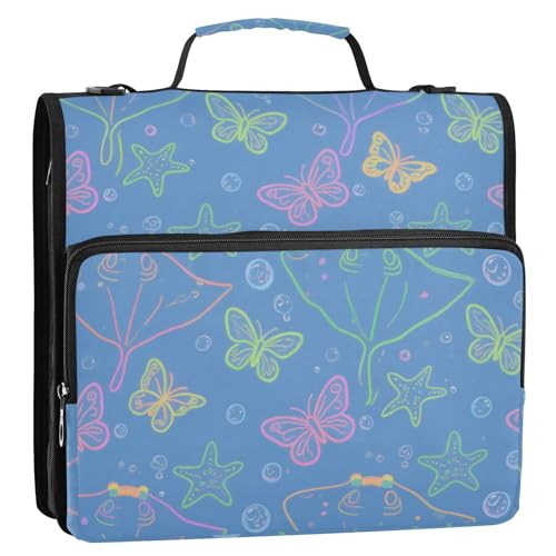 Ocean Animal Manta Ray Butterfly Colorfu Blau 3 Ringe 3,8 cm Schule Reißverschluss Ordner mit Schultergurt leicht zu tragen Dokumentenmappe Organizer für Schule Clip de Cremallera Resistente von Amooorous